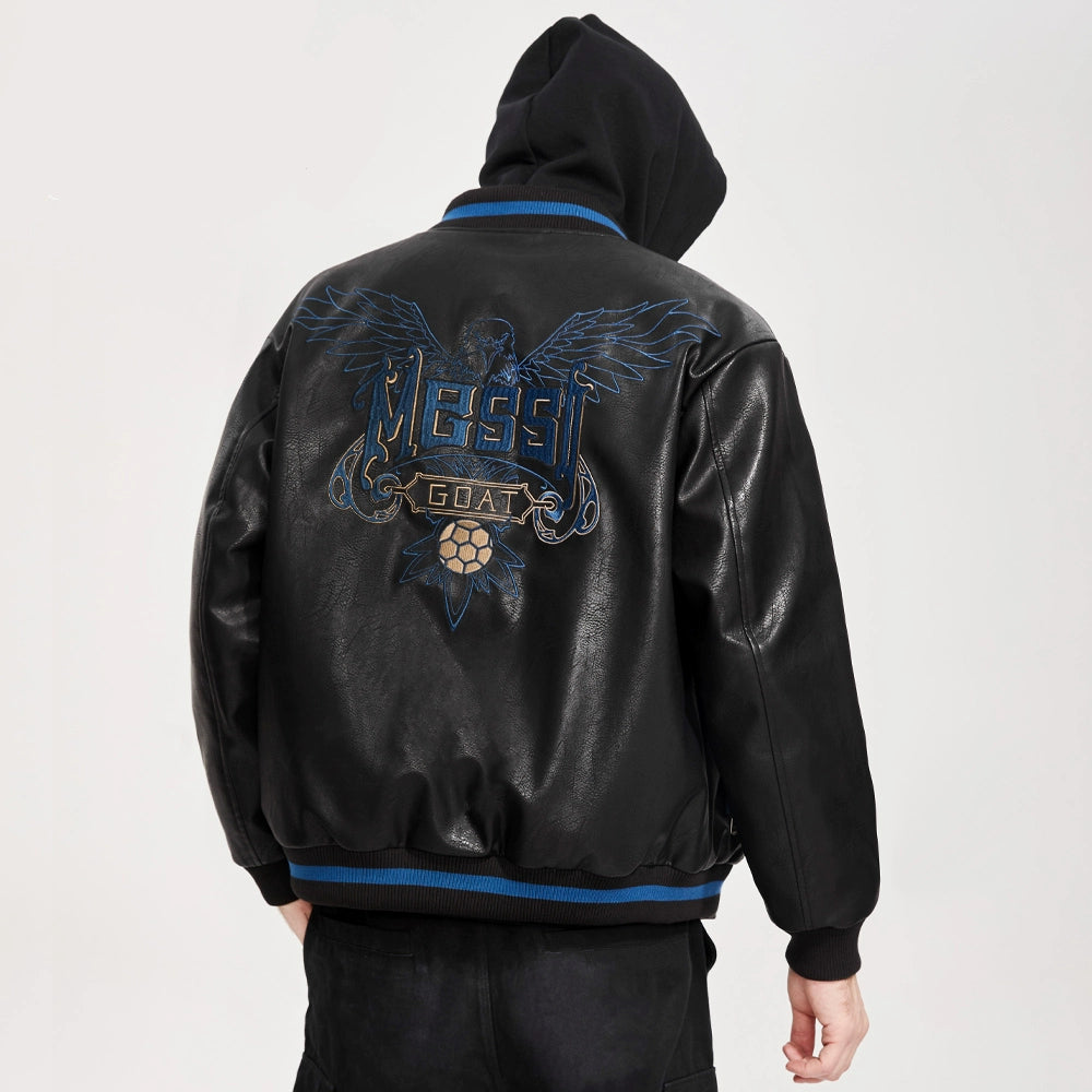 Black leather jacket with 'MEGSI' and 'GOAT' embroidery on the back, featuring Argentina Football Association logo.